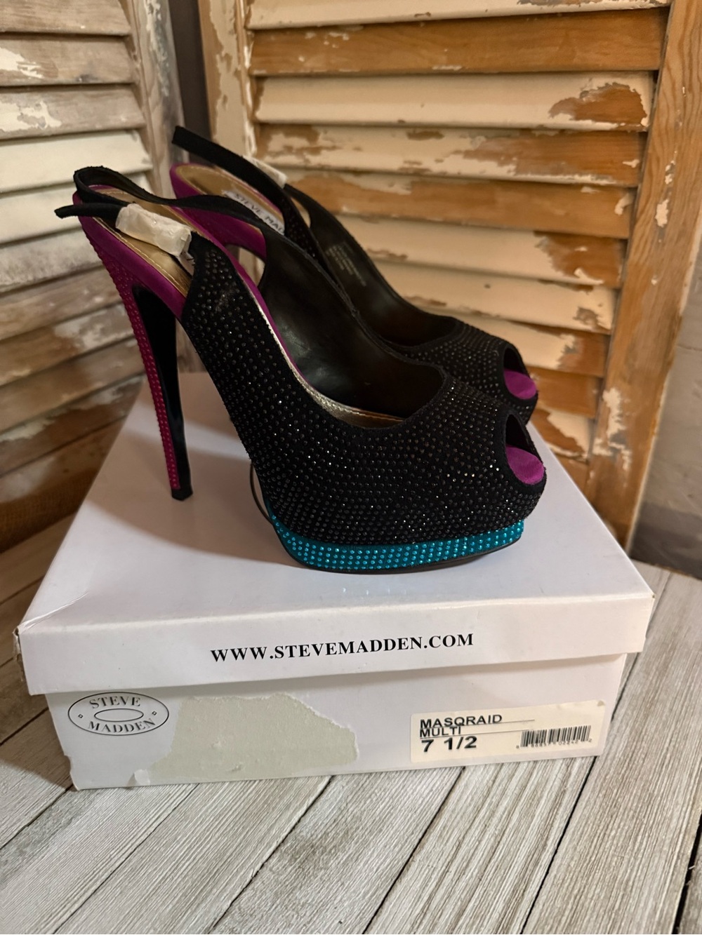 Steve Madden Black Jeweled Peep-Toe Slingback Heels with Pink and Teal Accents
